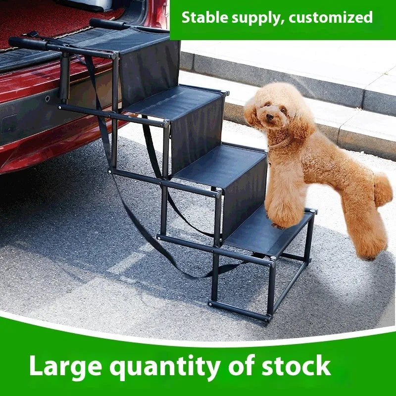 Folding stainless steel pet dog ladder in open position, showing steps, against a car boot.