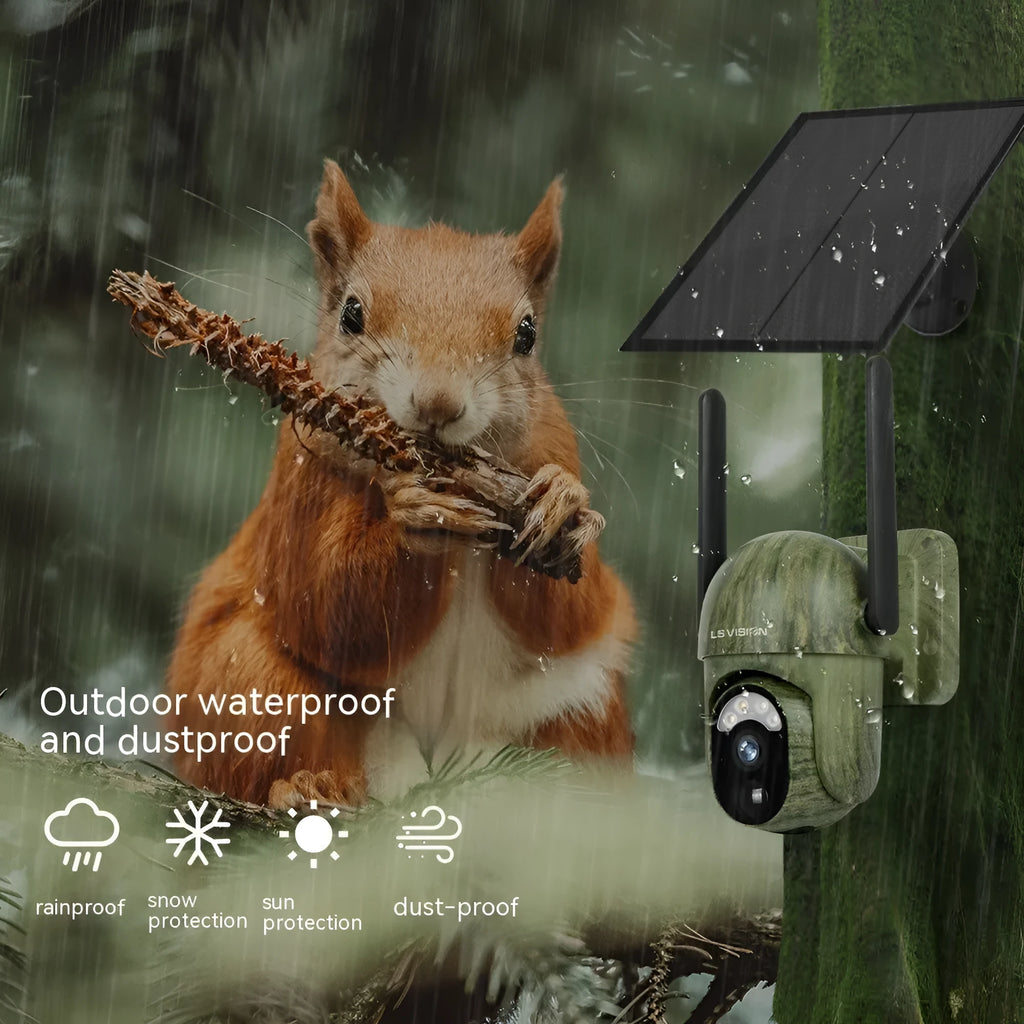 Camouflage 4G solar camera with 2K full colour lens, ABS body, and screw mount for outdoor use