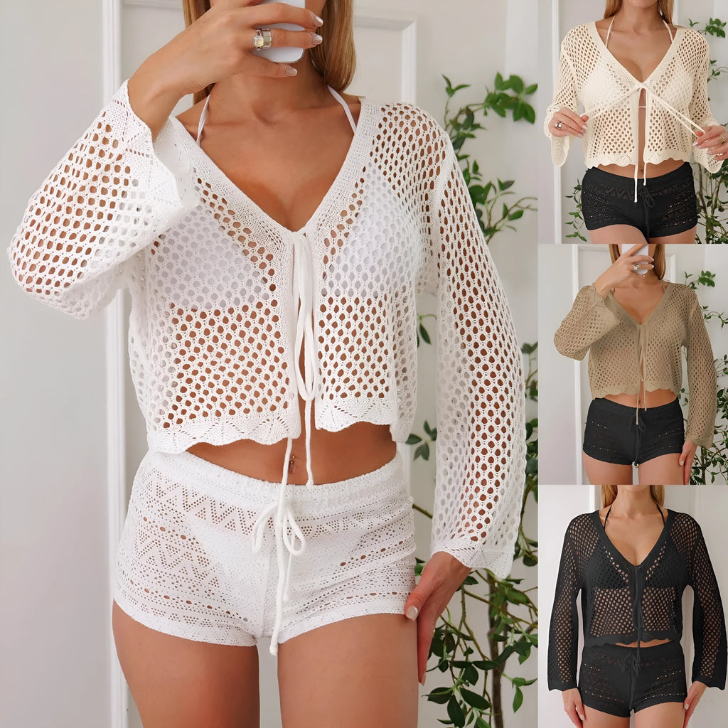 Women's cardigan blouse with hollow woven fabric and bell sleeves in solid colour