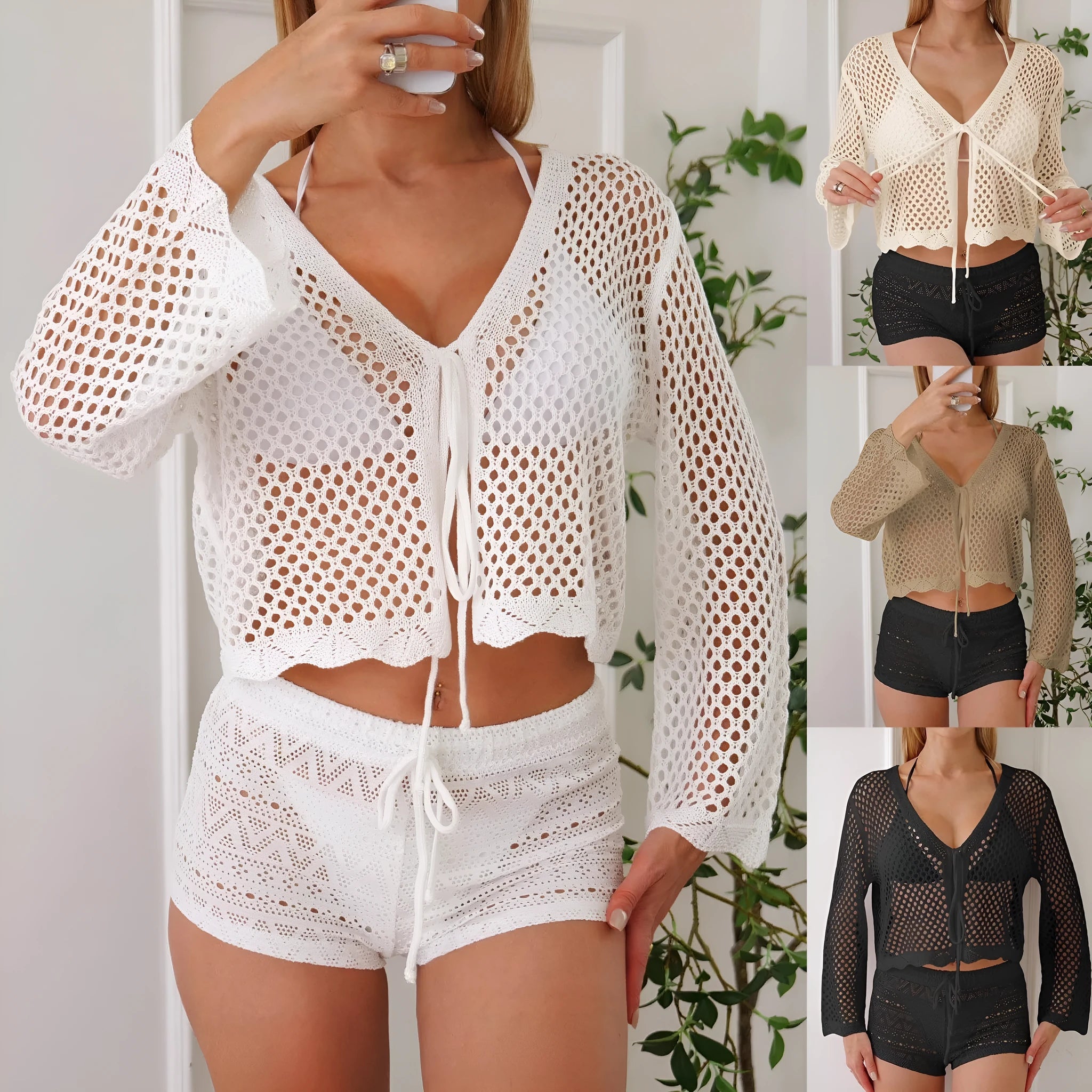 Women's cardigan blouse with hollow woven fabric and bell sleeves in solid colour