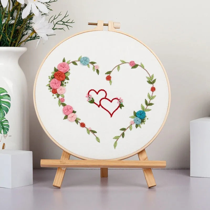 DIY heart embroidery kit with cotton cloth, Nordic style, and 20cm bamboo ring or taboret options