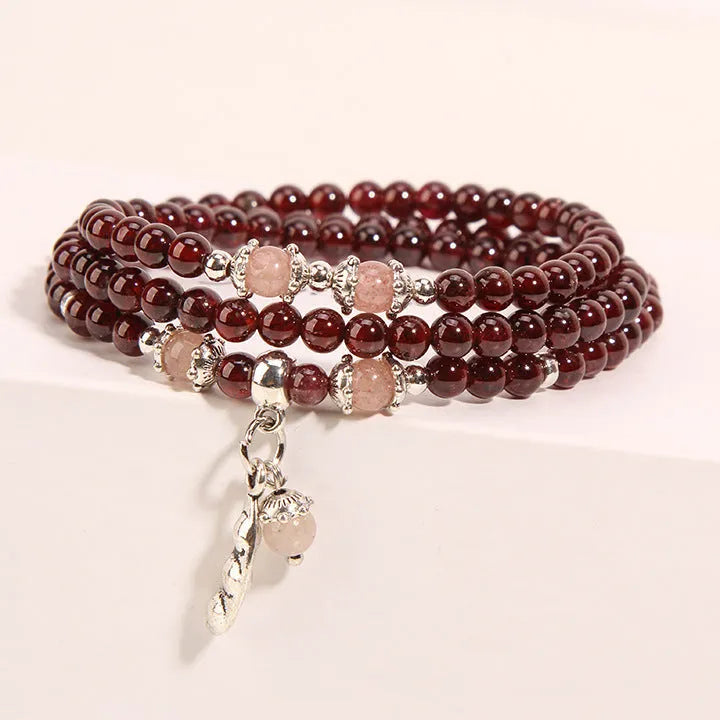 Women's wine red garnet crystal bracelet with flower design in bohemian ethnic style