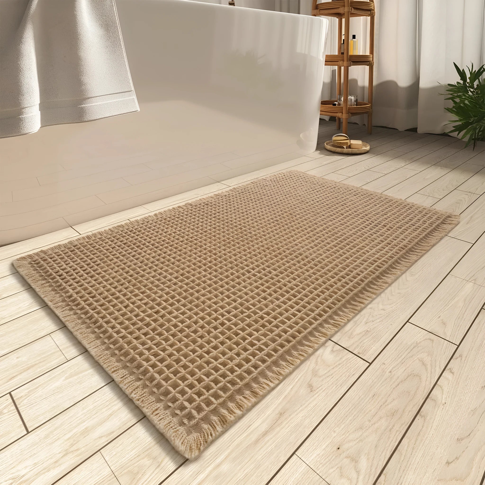 A square checkered pattern bathroom carpet with a non-slip backing in a neutral colour.