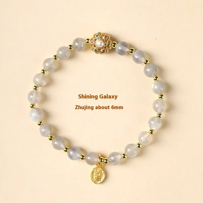 Gray moonstone crystal bracelet hand-woven with peach blossom strawberry quartz and pink sunstone 6mm beads