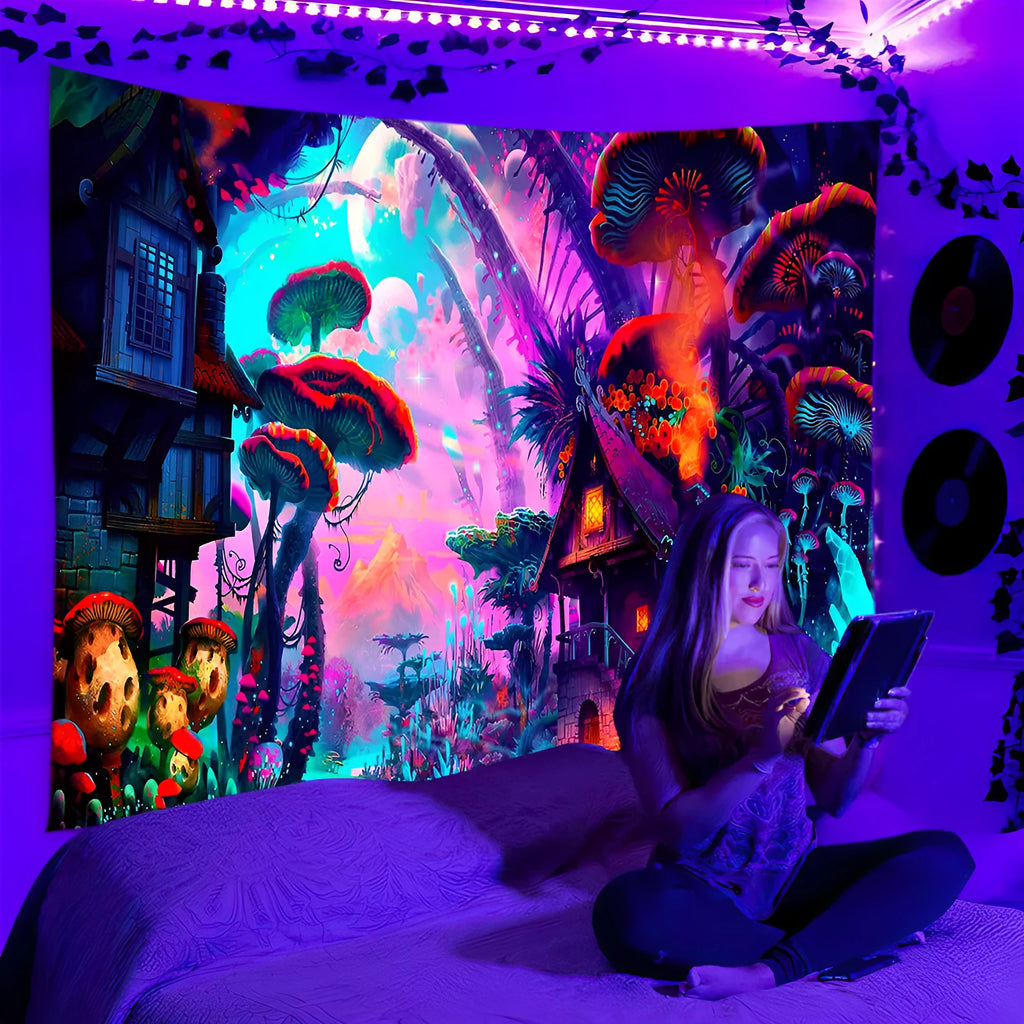 Fluorescent star print polyester tapestry wall cloth for dormitory remodelling, brushed or velvet fabric, picture colour