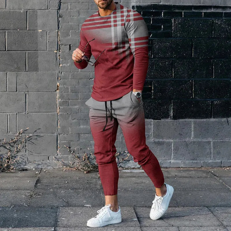 Men's round neck striped sweatshirt suit with long sleeve polyester top and trousers, available in sizes S to 6XL.