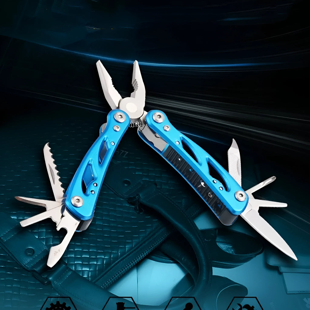 Blue multi-function stainless steel pliers with folding knife shown with Oxford storage bag