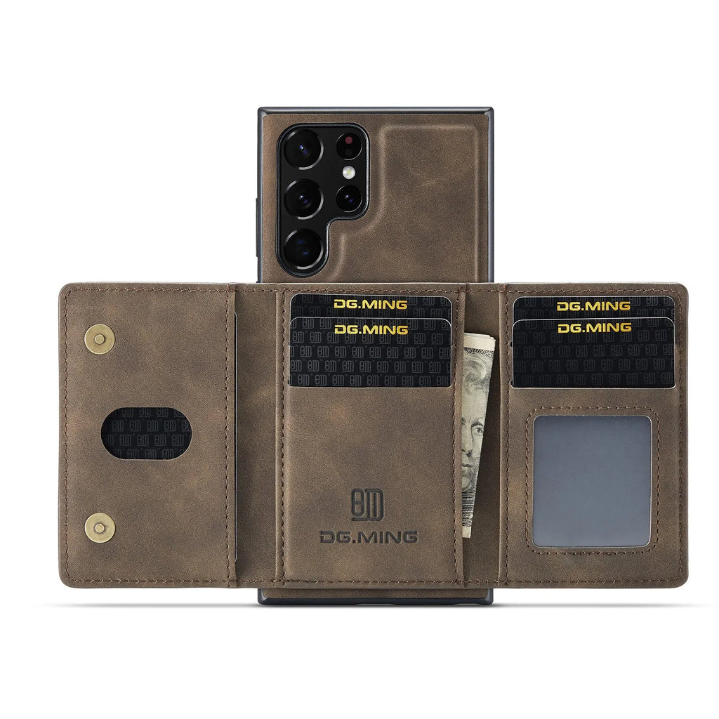 Magnetic card holder 2-in-1 wireless charging case for Samsung, black PU leather, card slot visible.
