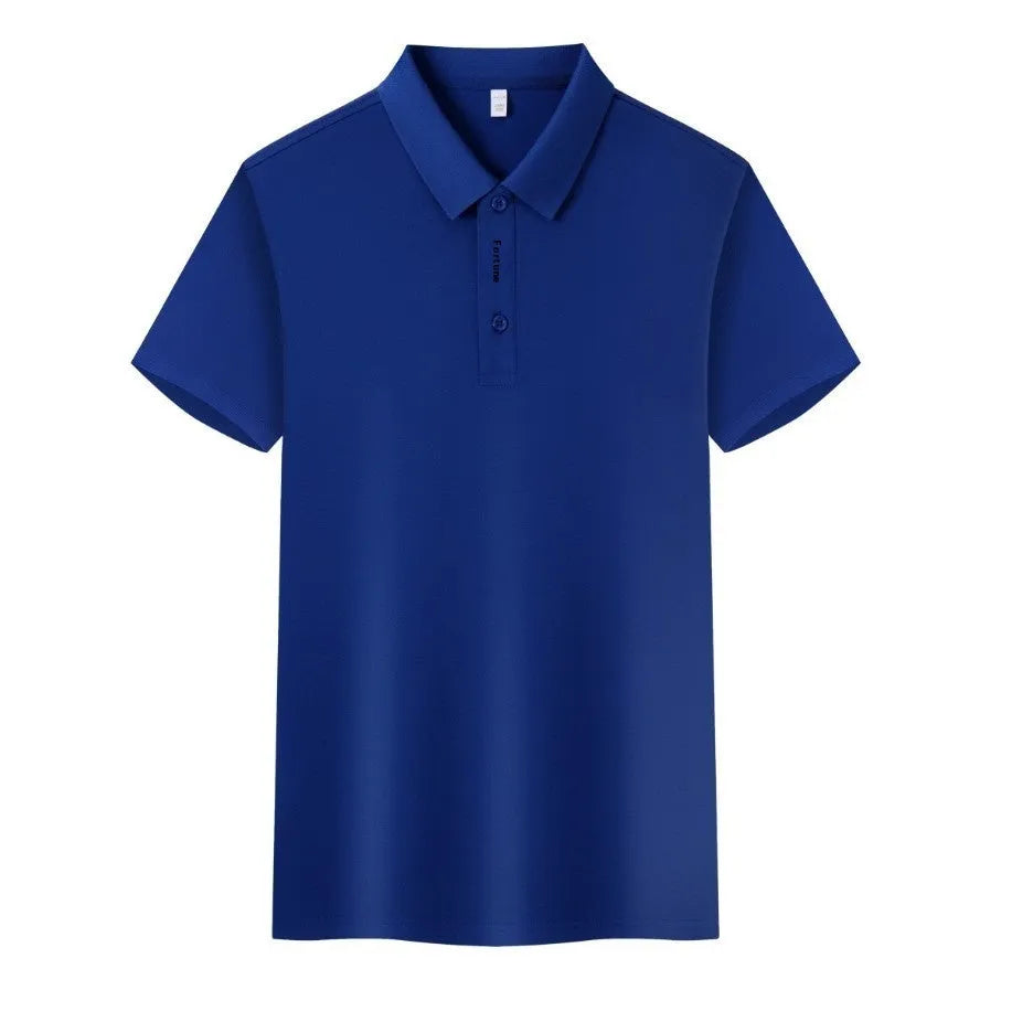 White lapel collar polo t-shirt on a hanger, showing short sleeves and front button placket.