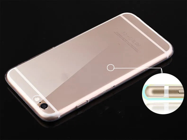 Transparent TPU soft shell mobile phone case for iPhone on a flat surface.