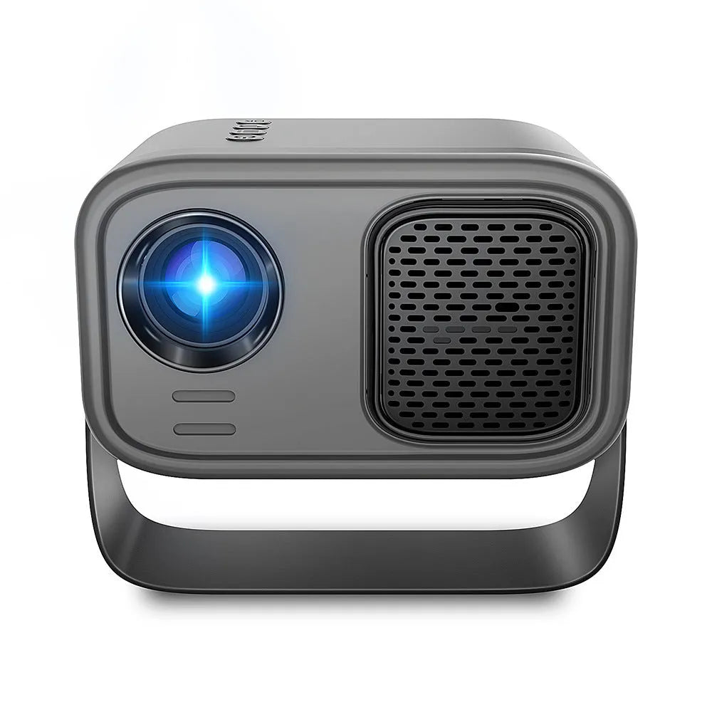 Black portable HD projector with remote control on desk