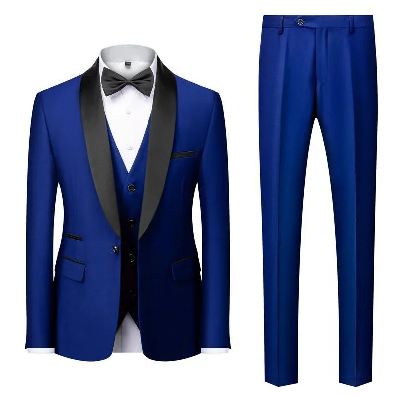 Men's three-piece slim fit suit set with green fruit collar in black and other colours, sizes S to 6XL