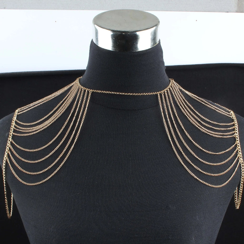 Fashion simple multi-layer body chain for women in gold electroplated alloy, styled as shoulder jewellery