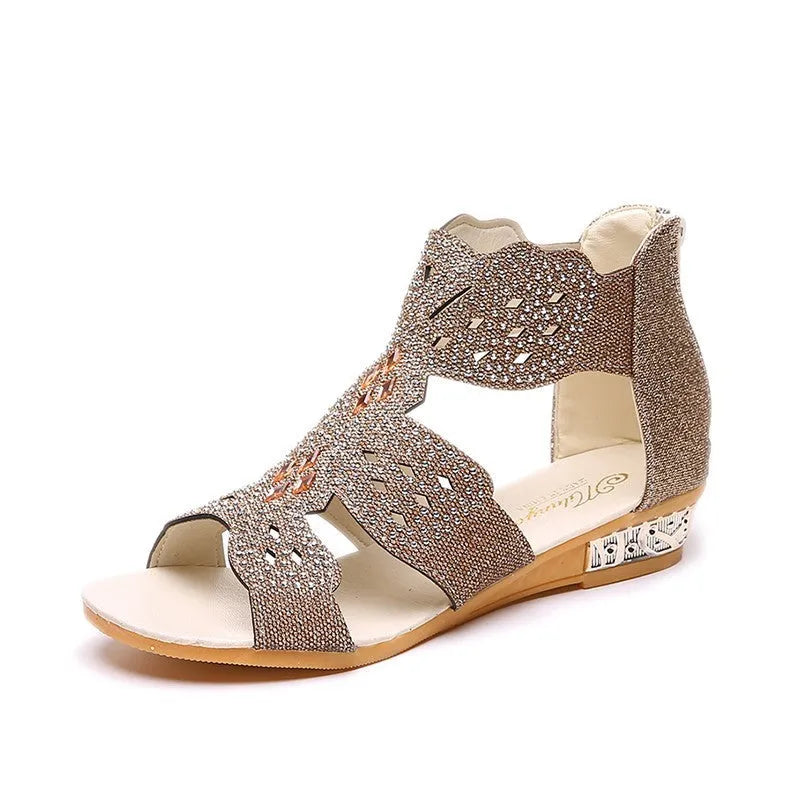 Women's flat sandals with rhinestone decoration, open toe fish mouth design, and back zipper closure in black, beige, or gold