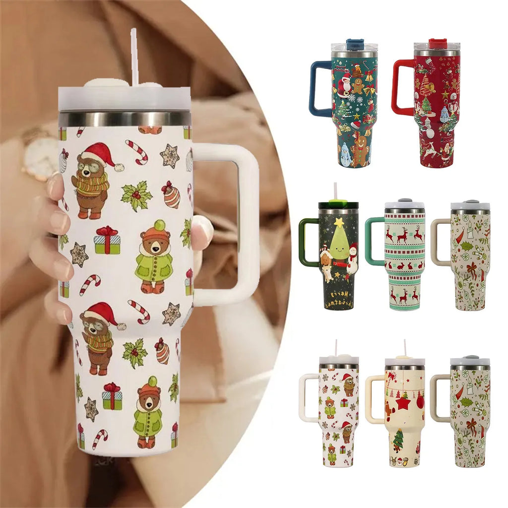 Christmas pattern stainless steel travel tumbler with handle showing capacity measurements and car holder compatibility