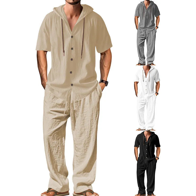 Men's casual cotton leisure suit set in grey, showing long sleeve top and trousers laid flat.