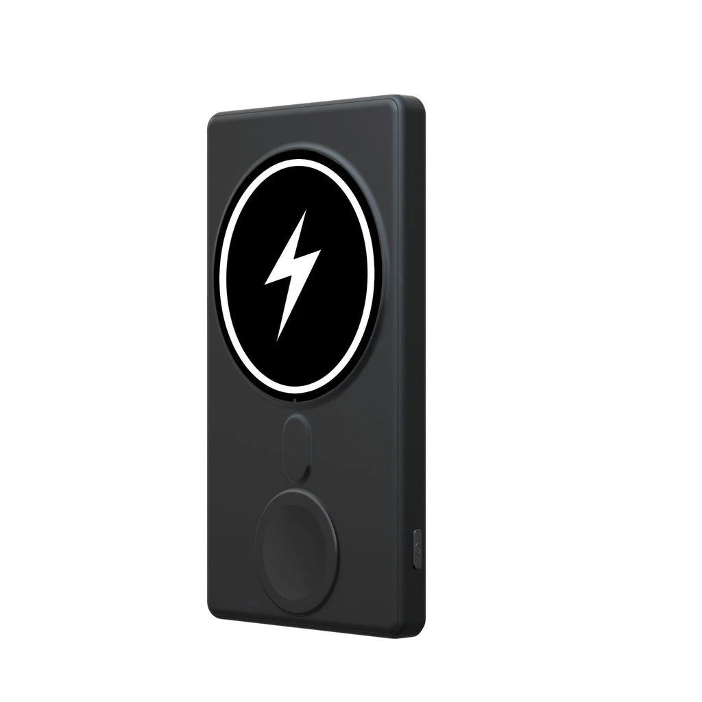 Ultra-thin black magnetic wireless charging power bank showing three output ports and compact design
