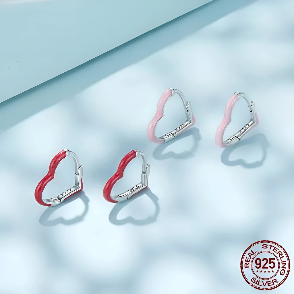 Pair of 925 silver heart stud earrings with pink or red dripping oil finish