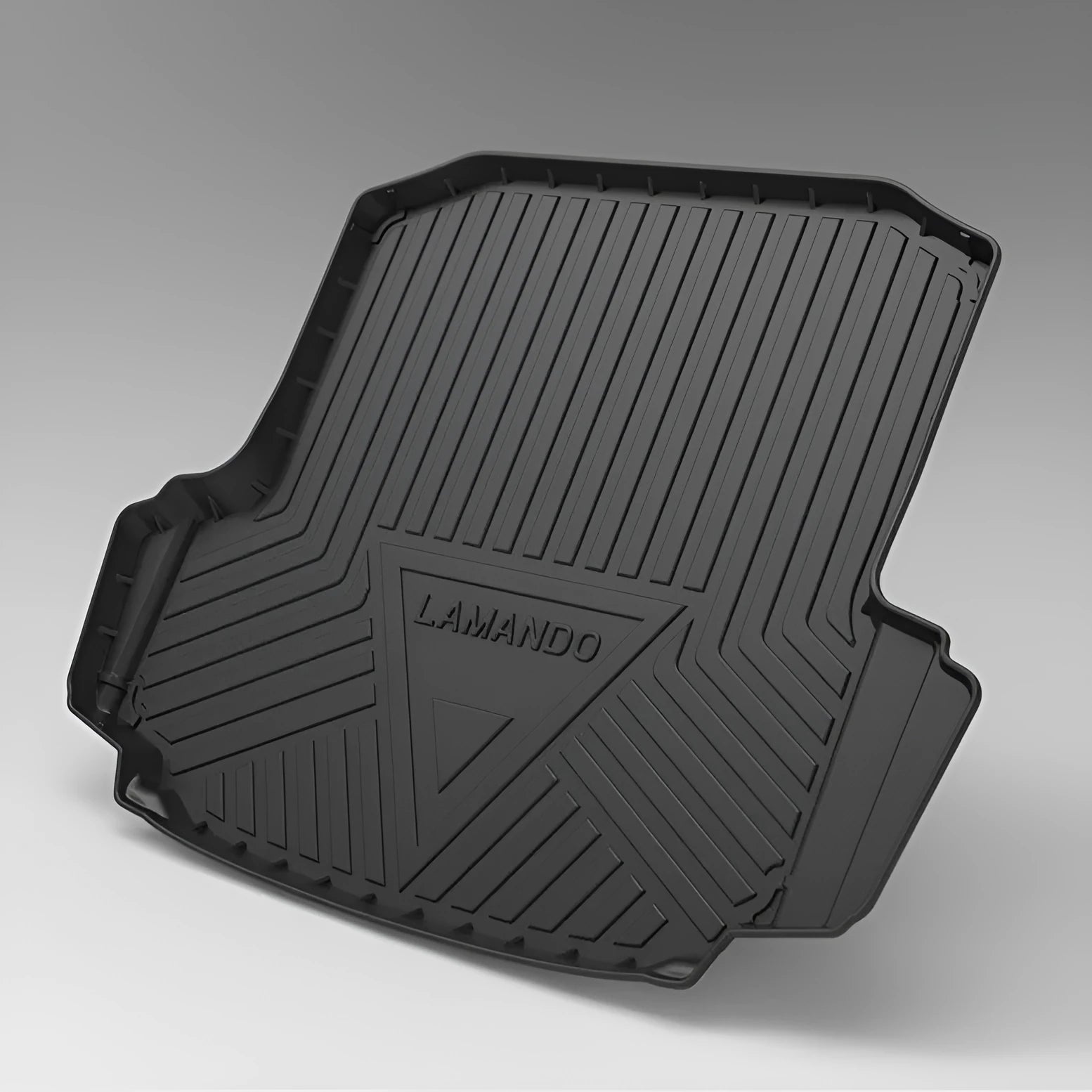 Black car boot liner with carbon fibre pattern texture, made from TPE material.