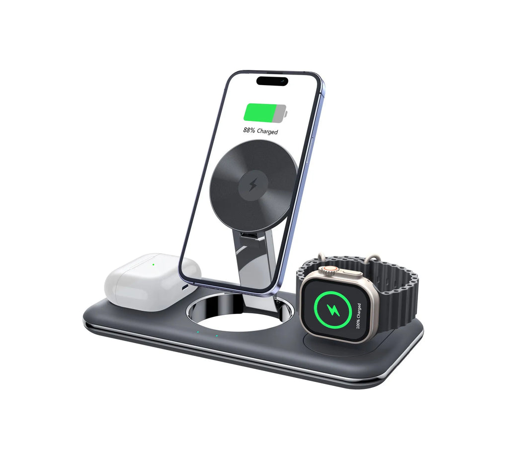 Folding magnetic wireless charger desktop bracket in white or black, 3-in-1, Type-C, 15W phone output, FOD protection.