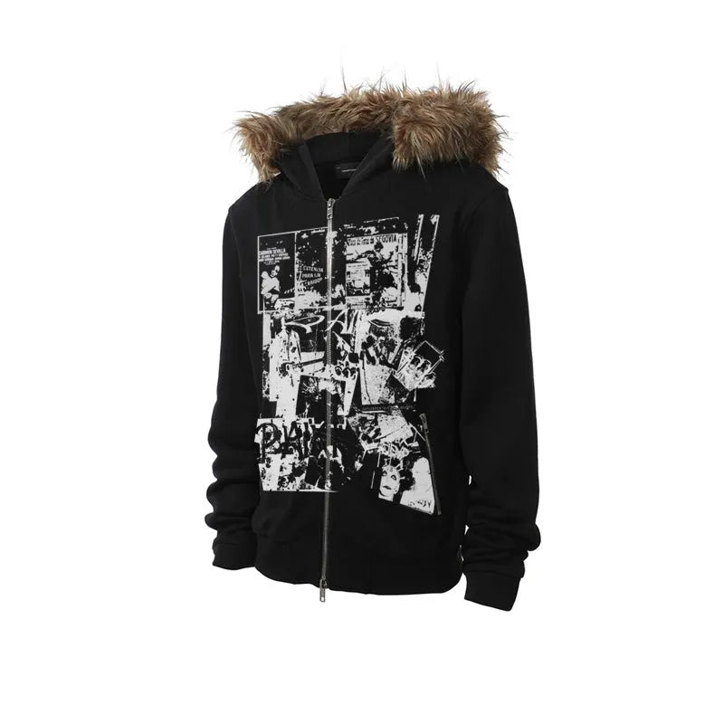 Men's printed long fur collar hood zipper cardigan sweater coat in black, white and grey, slim fit, sizes S to XXXL