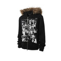 Men's printed long fur collar hood zipper cardigan sweater coat in black, white and grey, slim fit, sizes S to XXXL