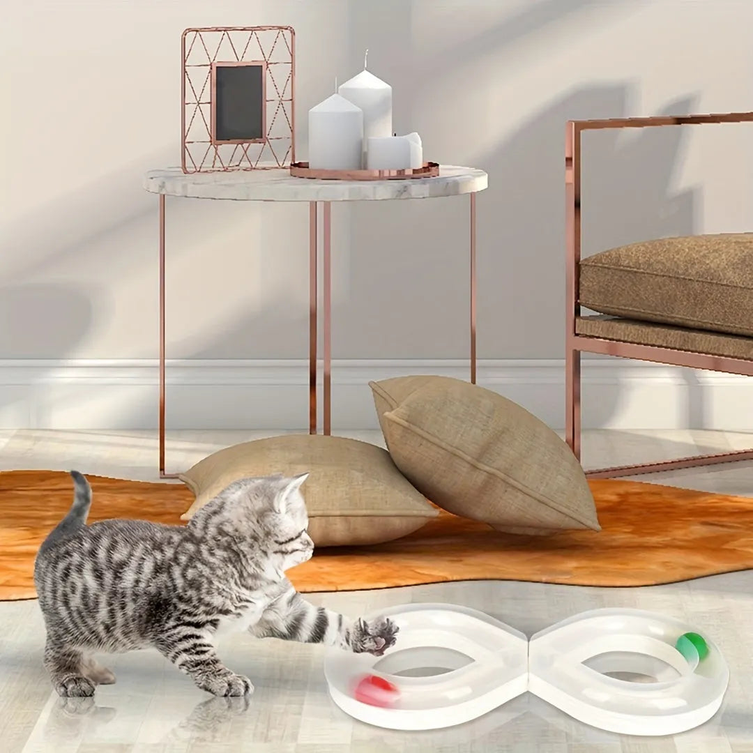 Blue and white cat turntable toy with track ball and teasing stick for indoor feline entertainment