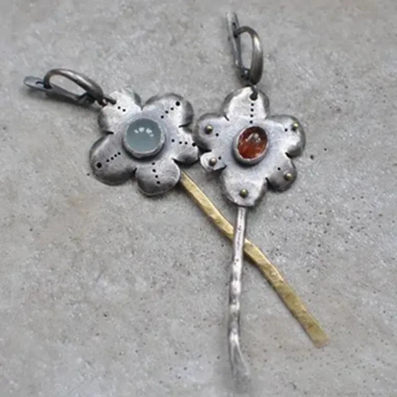 Retro style two-tone geometric drop earrings with asymmetric floral design