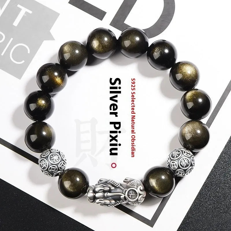 Men's geometric obsidian bracelet with sterling silver framework and leather detailing in three width sizes