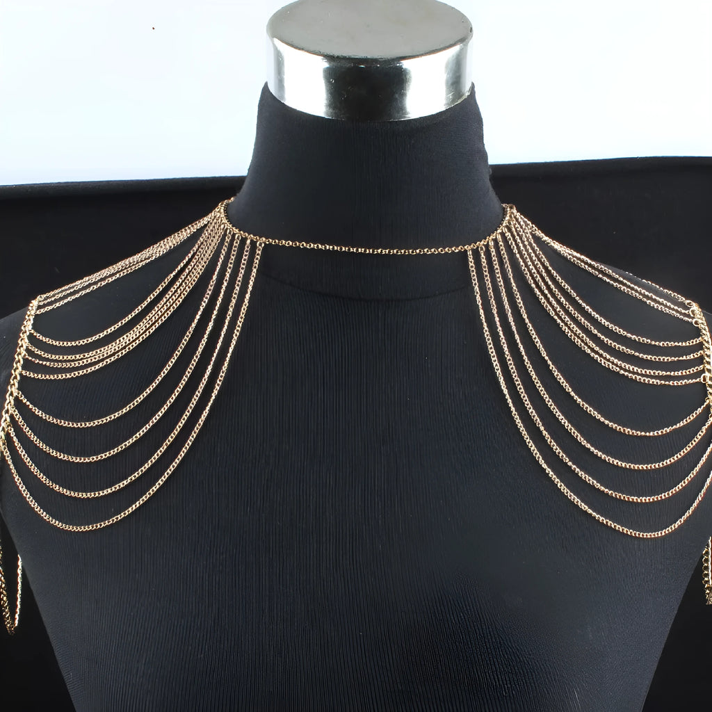 Fashion simple multi-layer body chain for women in gold electroplated alloy, styled as shoulder jewellery