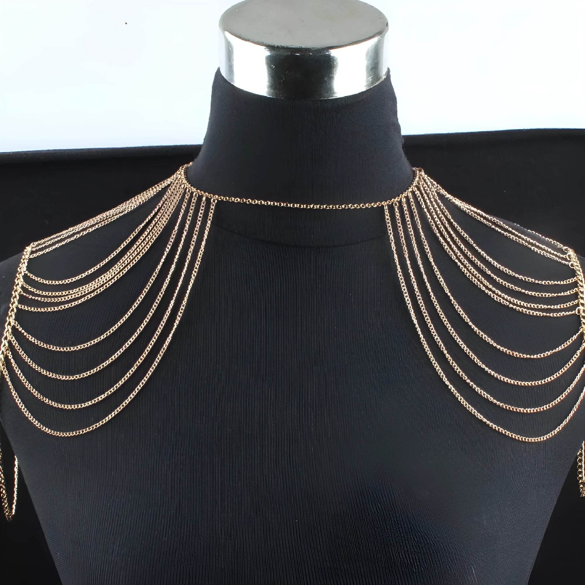 Fashion simple multi-layer body chain for women in gold electroplated alloy, styled as shoulder jewellery
