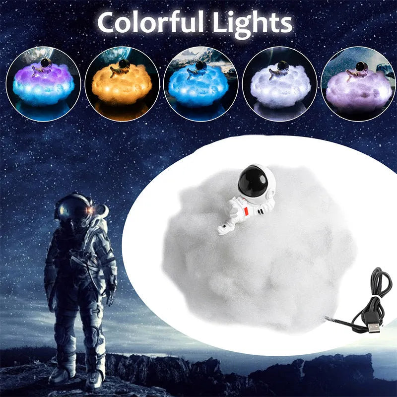 LED astronaut cloud night light with rainbow colours, wooden stand, 15x20cm size