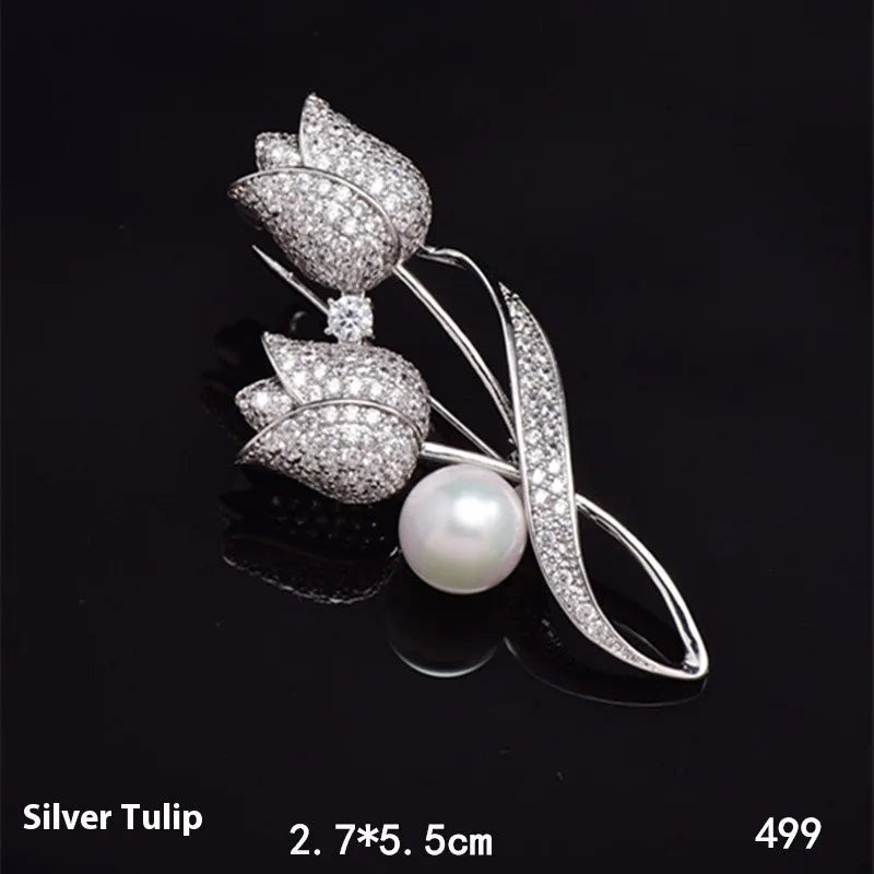 Alloy flower brooch with micro-inlaid zircon design in 181 silver tulip colour.