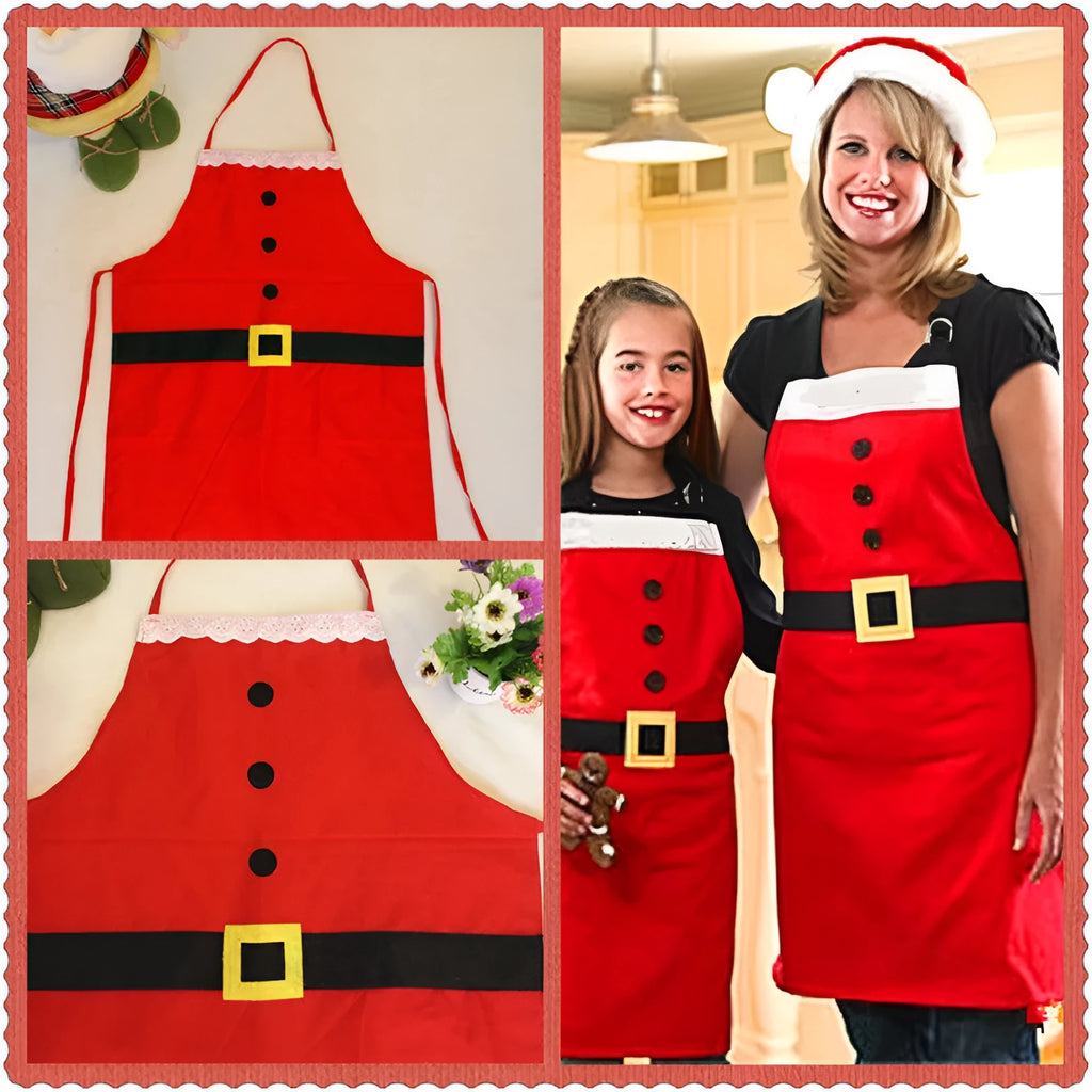 Red Christmas apron for adults and children with adjustable neck and waist straps