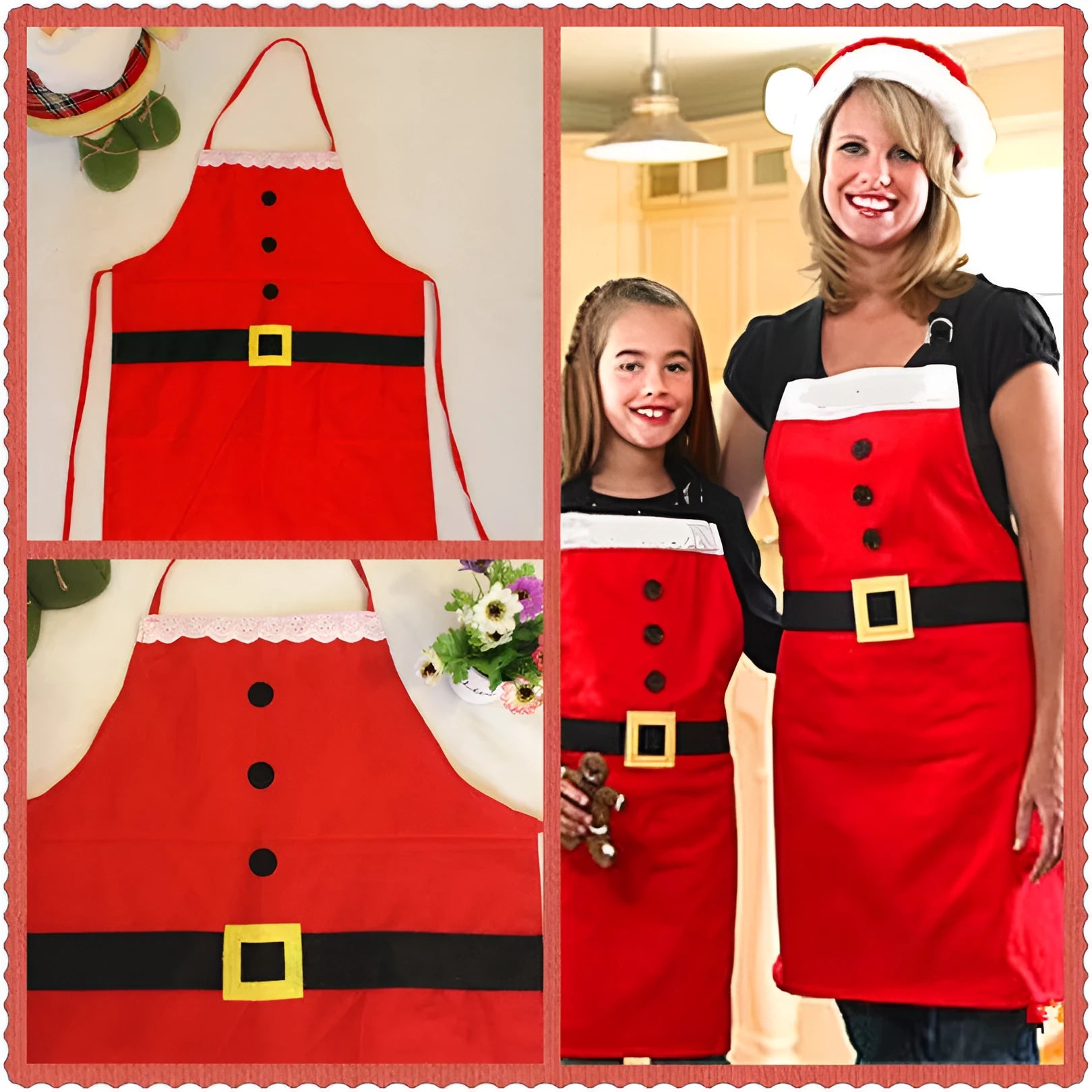 Red Christmas apron for adults and children with adjustable neck and waist straps