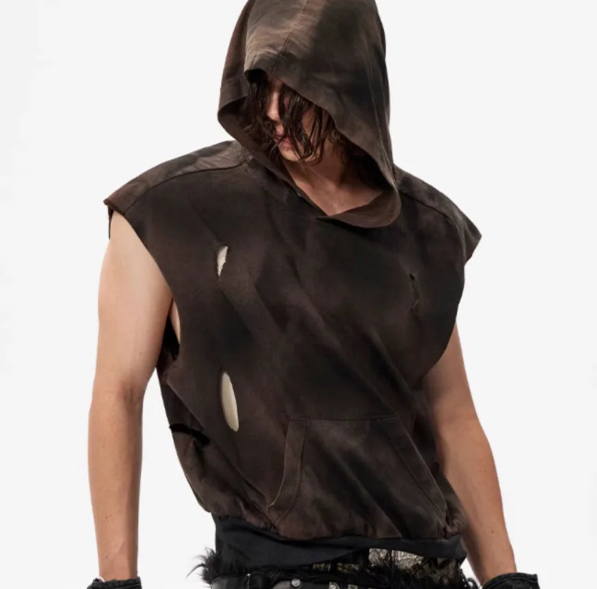 Khaki coloured cotton short hooded vest with short sleeves on a hanger.