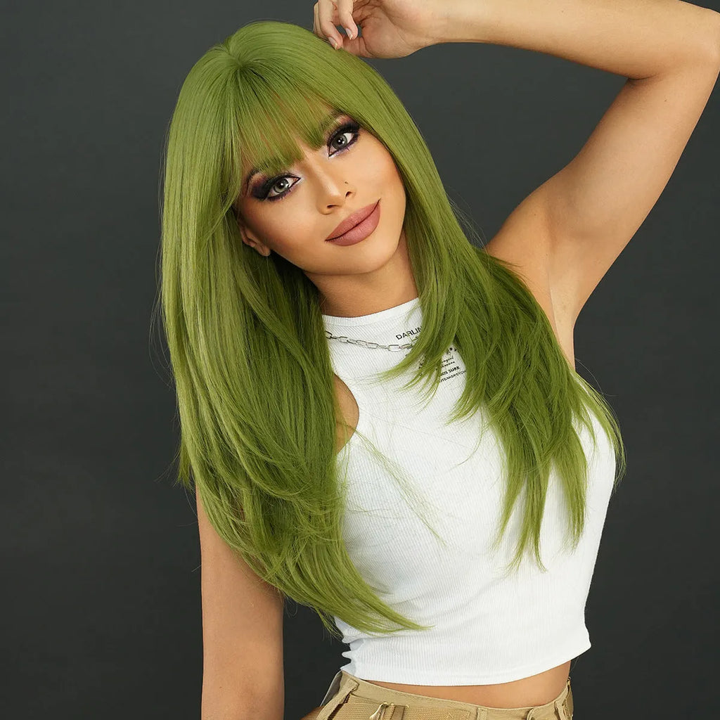 Vanilla green long straight women's wig with bangs made from domestic silk.