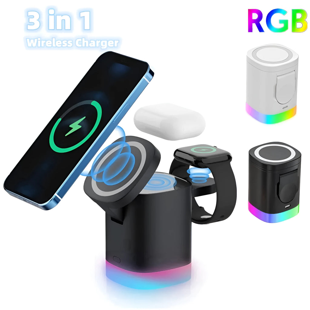 Black foldable 3 in 1 wireless charging station showing phone, watch, and earbuds charging simultaneously with RGB light