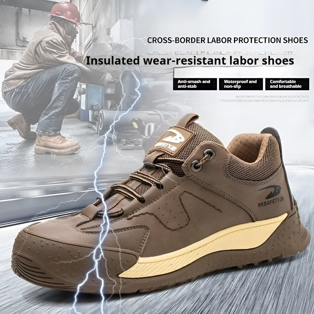 Flyknit safety work shoes in brown with leather upper and rubber sole