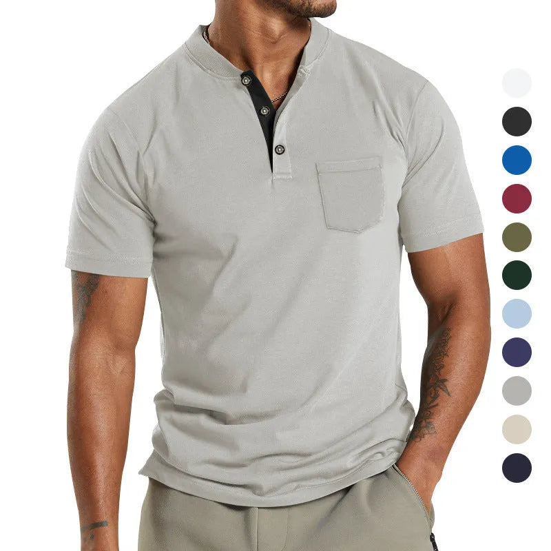 Men's plus size short sleeve polyester shirt with a button pocket in a solid colour