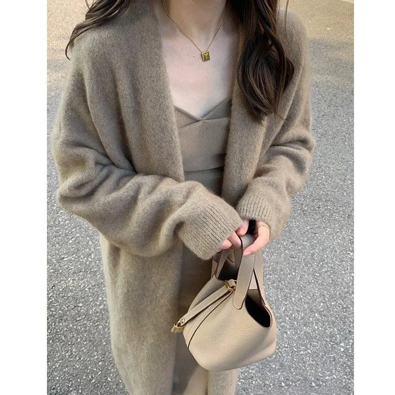 Gentle thickened knitted cardigan coat for women, shoulder strap style, Ice Silk fabric, beige colour, open front