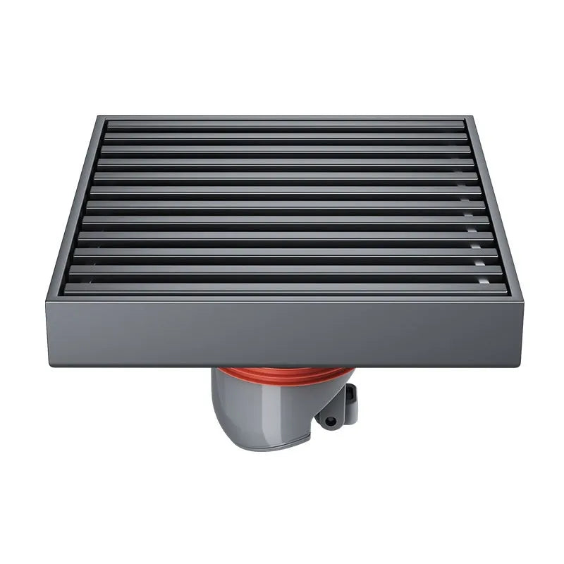 Gun grey 304 stainless steel courtyard floor drain with square grate, 15cm by 15cm.