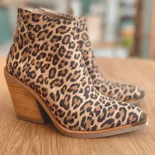 Leopard print pointed toe ankle boots for women with back zipper, high heel above 8cm and rubber sole