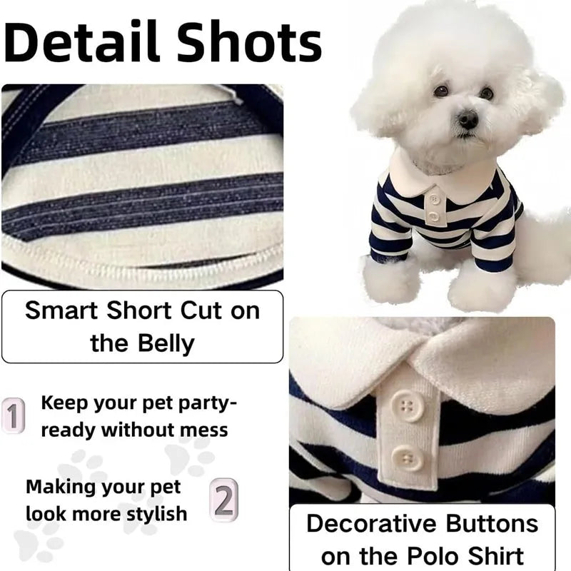 Cute dog polo shirt with striped collar for male puppy, breathable fabric, black colour