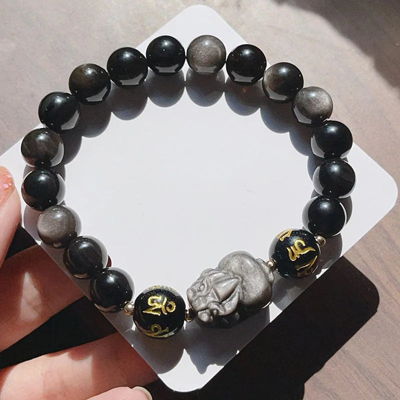 Men's silver stone bracelet featuring Chinese zodiac design, anniversary year motif and six-word proverbs bead