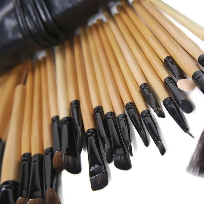 24 piece professional makeup brush set with wooden handles in PU gift bag