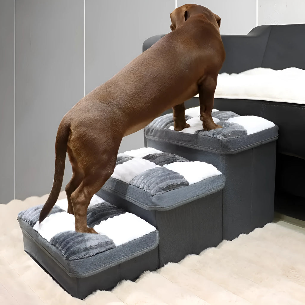 Handmade cotton dog stairs with storage space in brown colour chessboard pattern for small pets