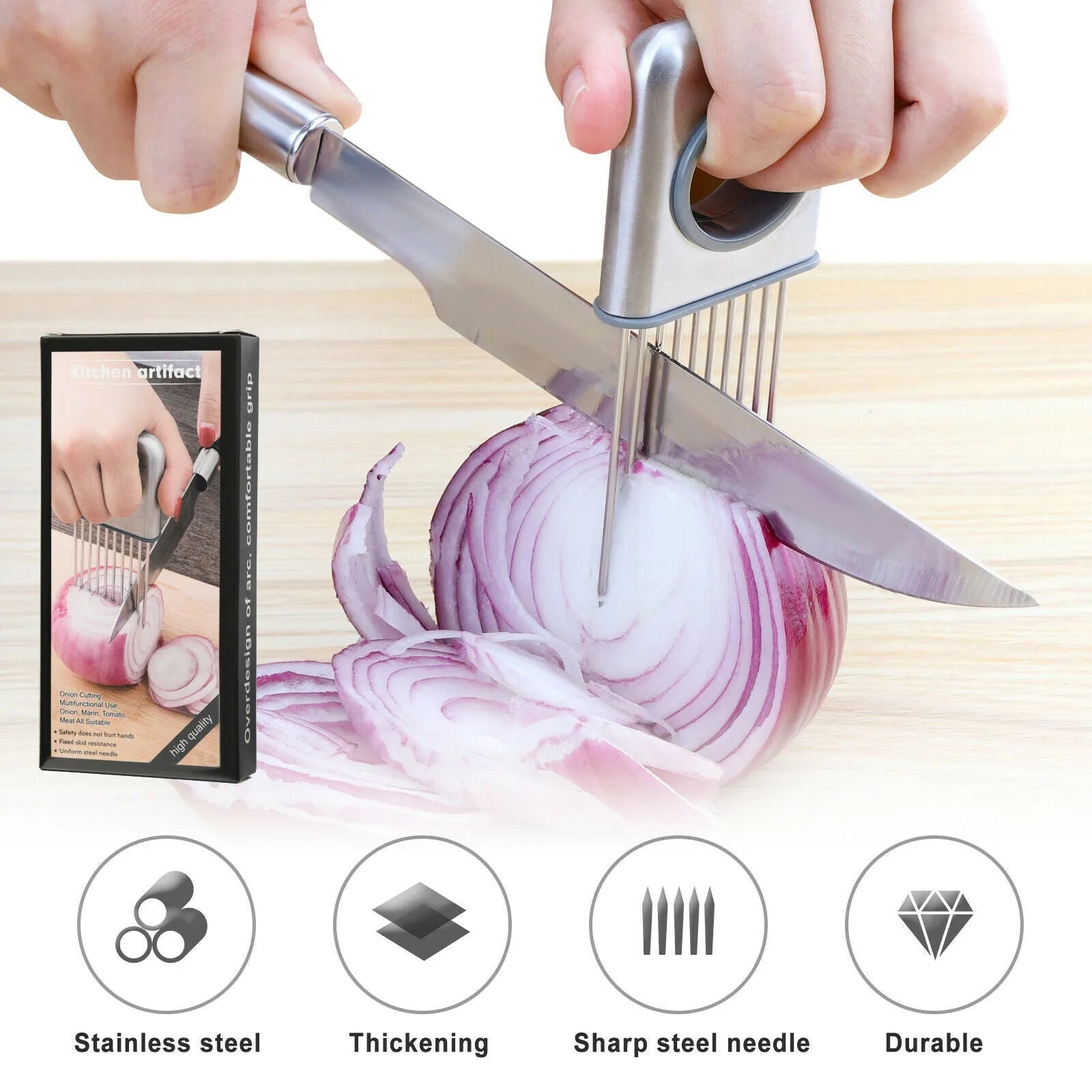 Stainless steel onion holder with prongs and finger guard for slicing vegetables