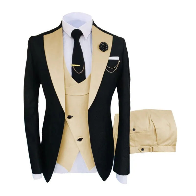 Men's slim fit three-piece business suit in cotton with coat, vest, and trousers for formal occasions