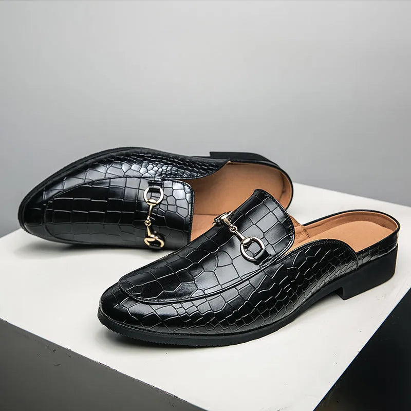Men's lazy semi slipper leather shoes in black with artificial PU upper, side view